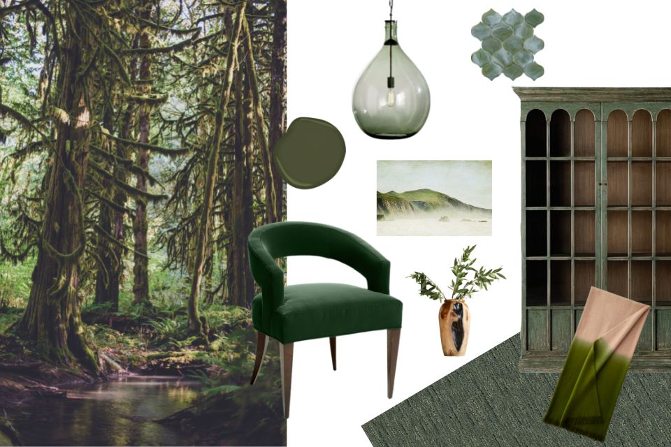 collage of green home decor inspired by a green forrest